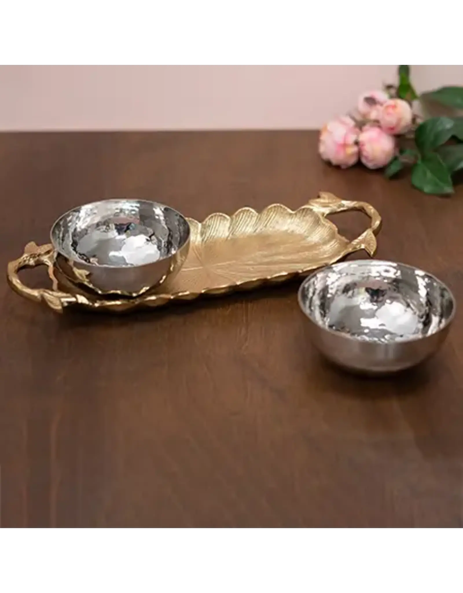 Gold Leaf Tray w/ Silver Bowls, Set of 3