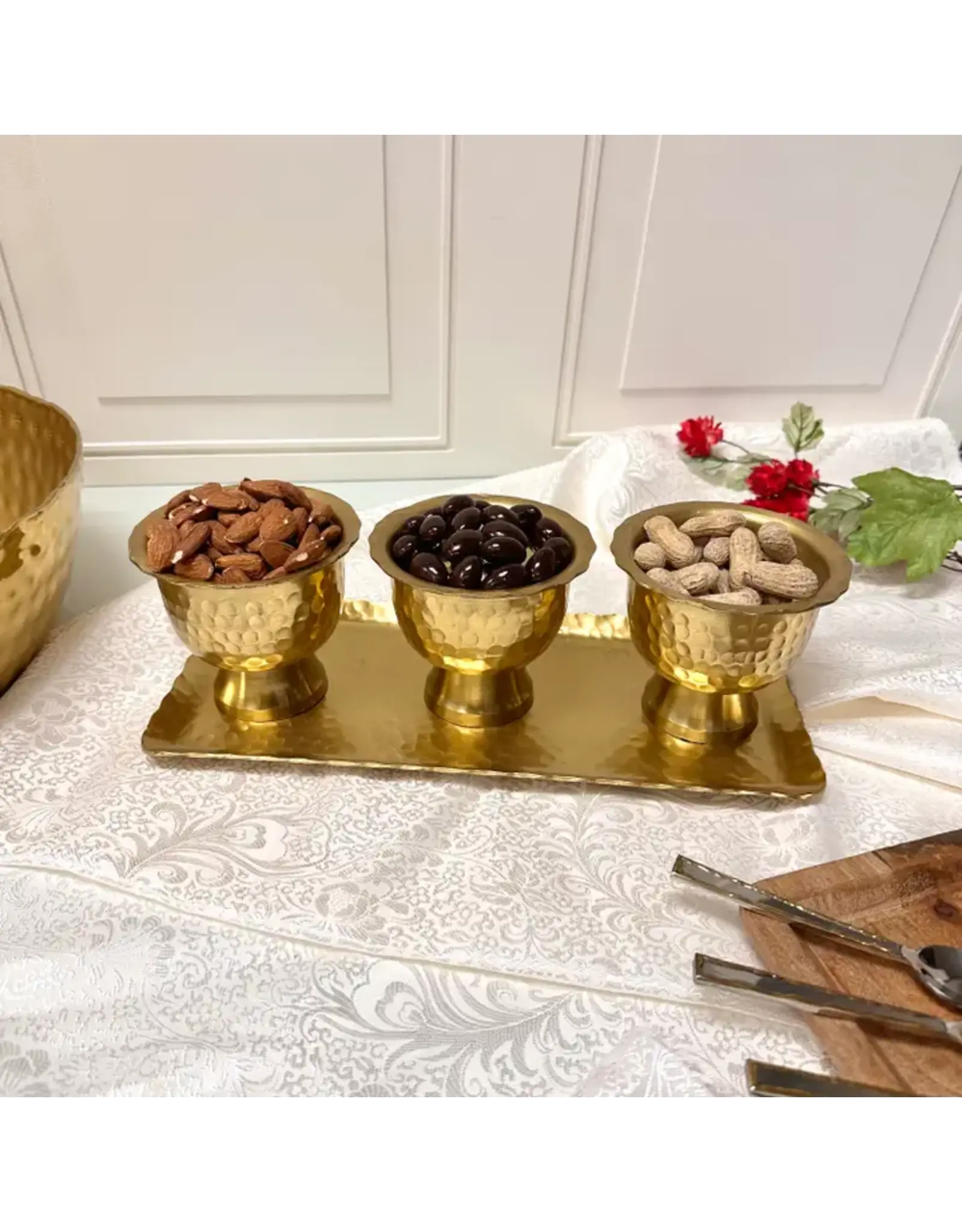 Gold Hammered Aluminum Serving Tray & w/Pedestal Bowls Set