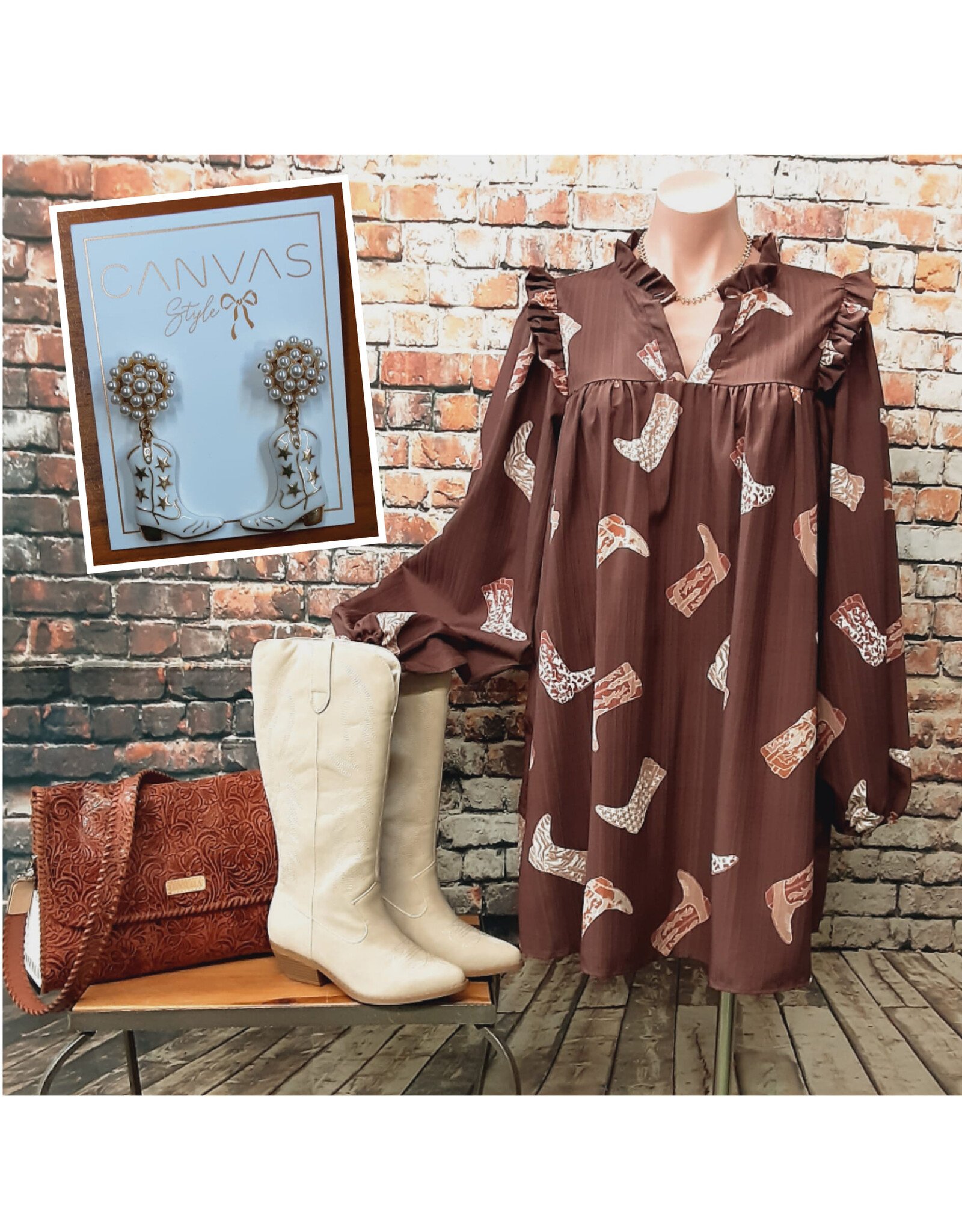 Long Sleeve Boot Print Dress