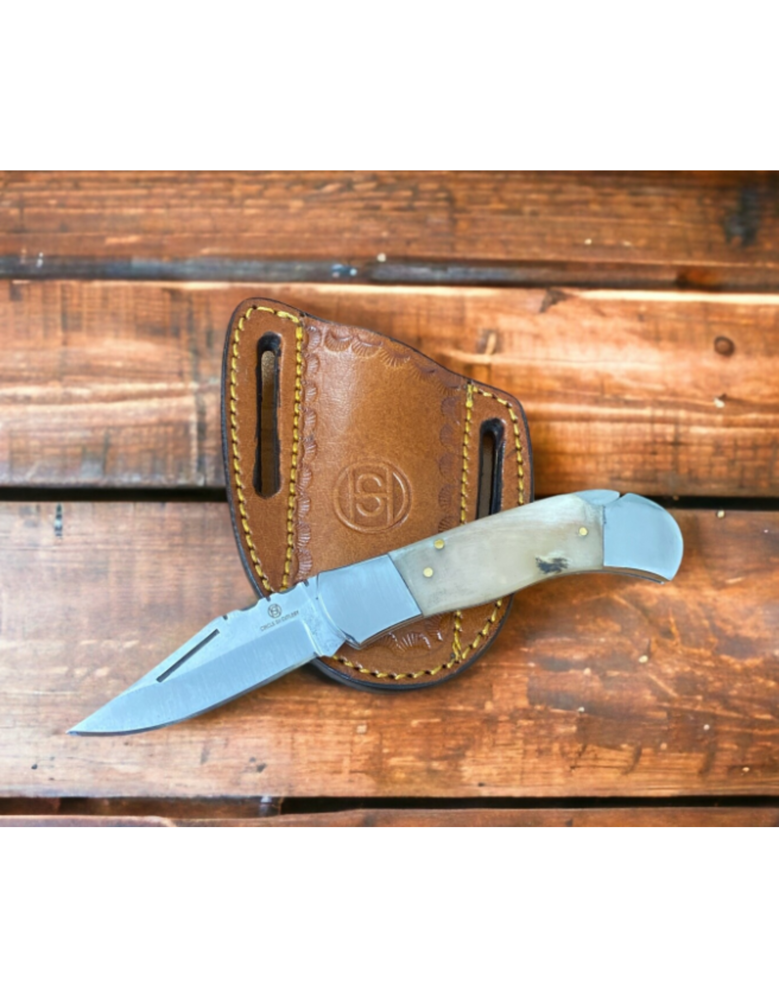 Cirle SH Ram Horn Folding Knife with Leather Sheath