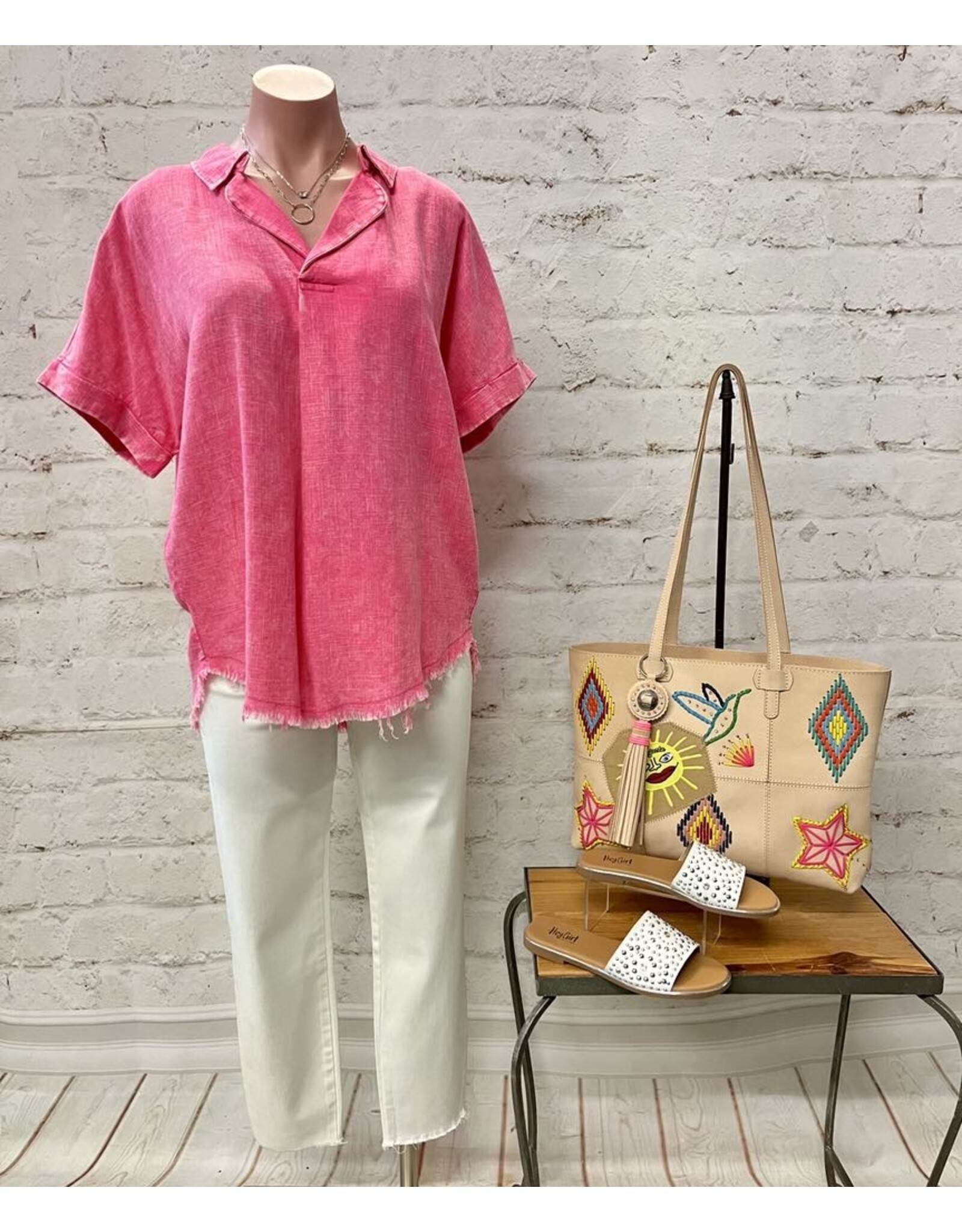 Audrey Washed Linen Raw Edge V-Neck Shirt