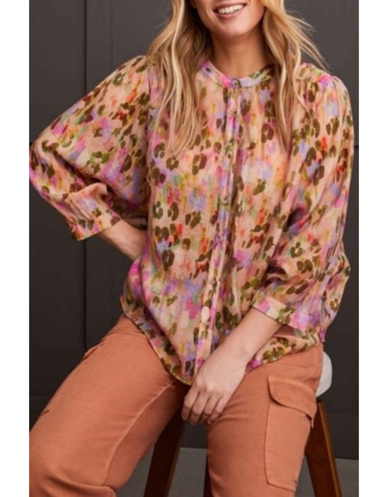 Tribal Tribal Flowy Dolman Sleeve Blouse with Self-Covering Buttons