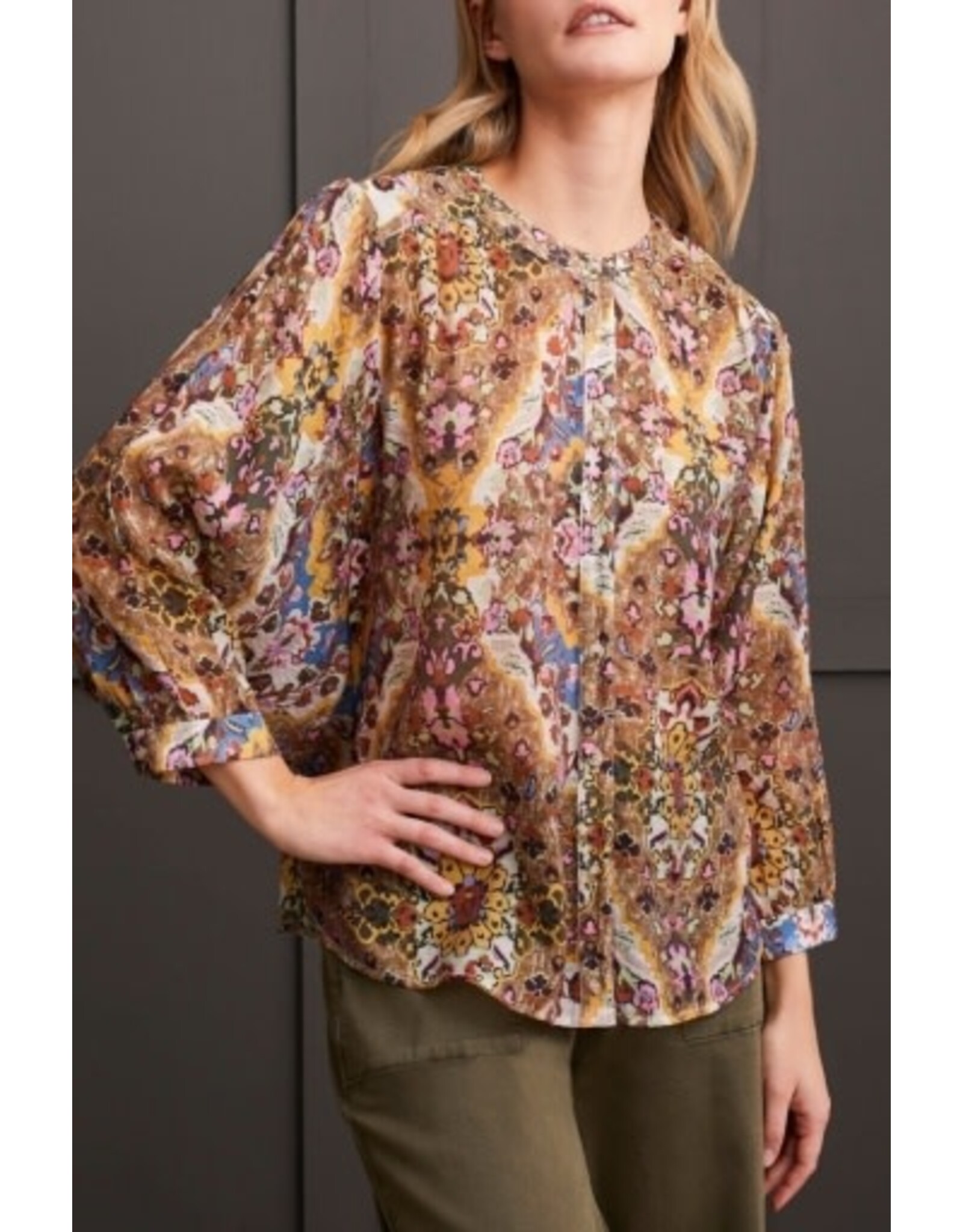 Tribal Tribal Flowy Dolman Sleeve Blouse with Self-Covering Buttons