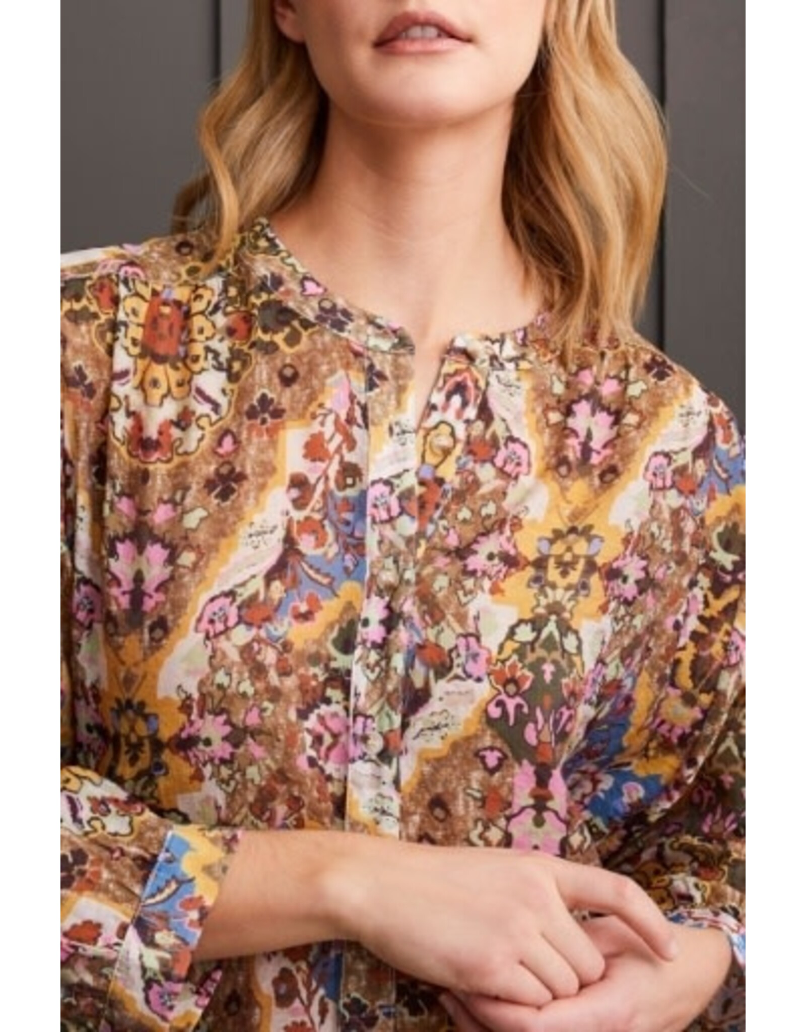 Tribal Tribal Flowy Dolman Sleeve Blouse with Self-Covering Buttons