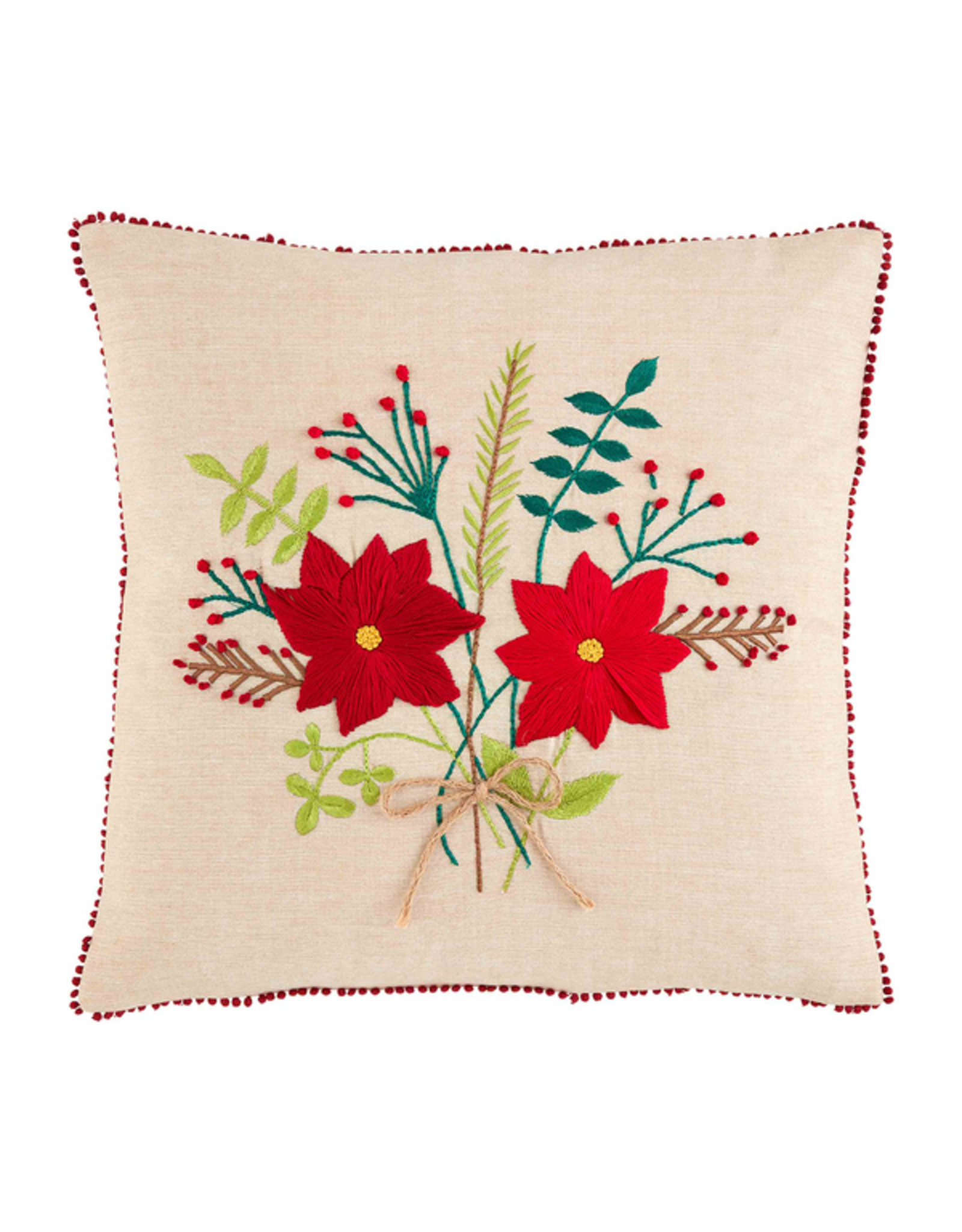 Mud Pie Christmas Poinsettia Bouquet Embroidered Pillow