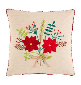 Mud Pie Christmas Poinsettia Bouquet Embroidered Pillow