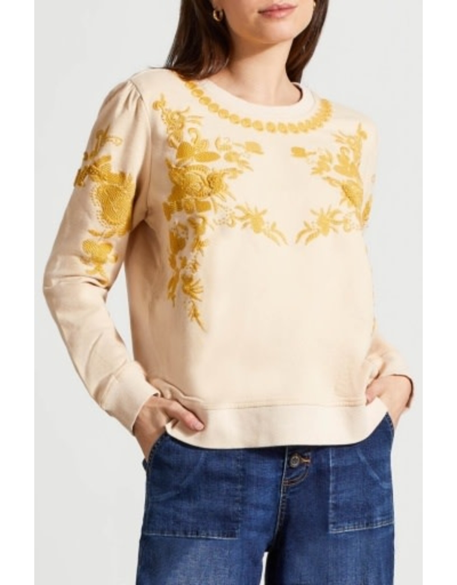 Tribal Tribal French Terry Crew Neck Top with Embroidery