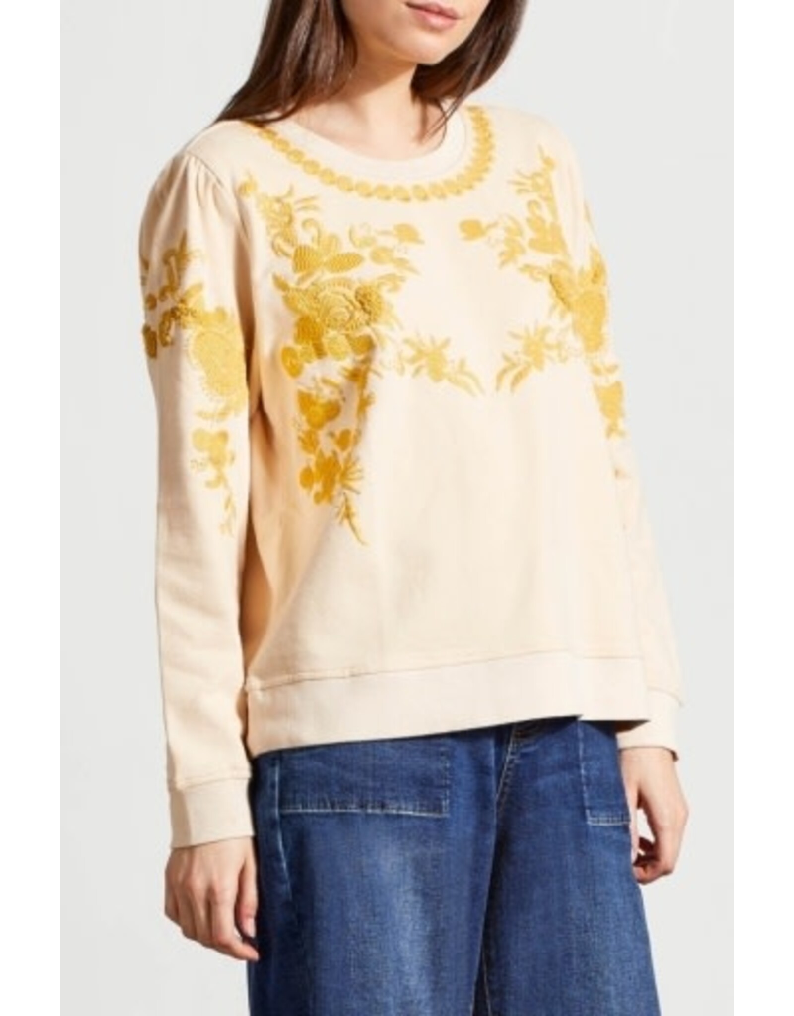 Tribal Tribal French Terry Crew Neck Top with Embroidery