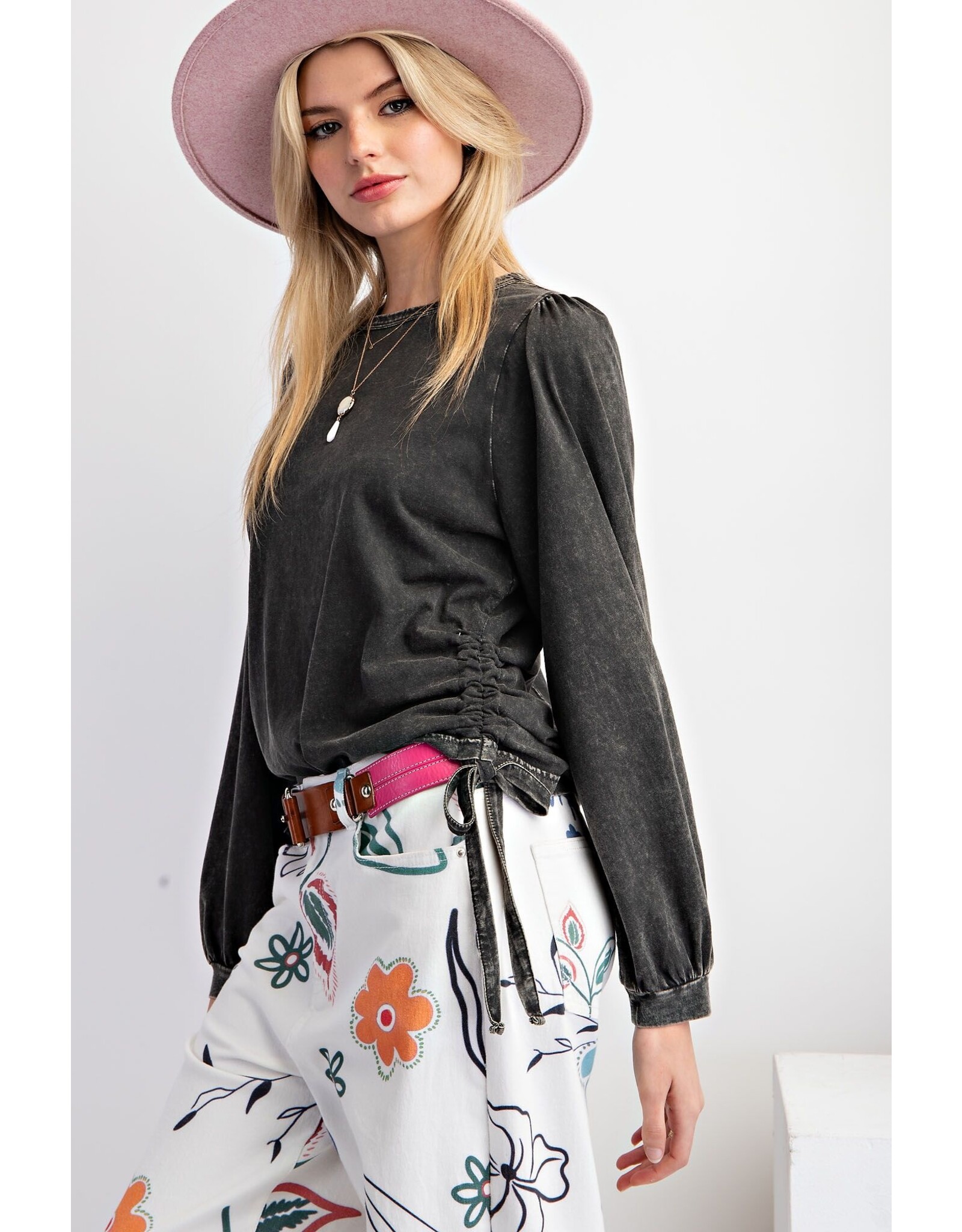 Jean Side Tie Mineral Wash Jersey Knit Top