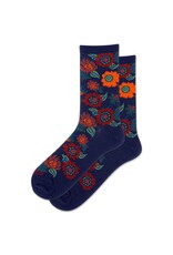 Fuzzy Flowers Womens Crew Socks Navy