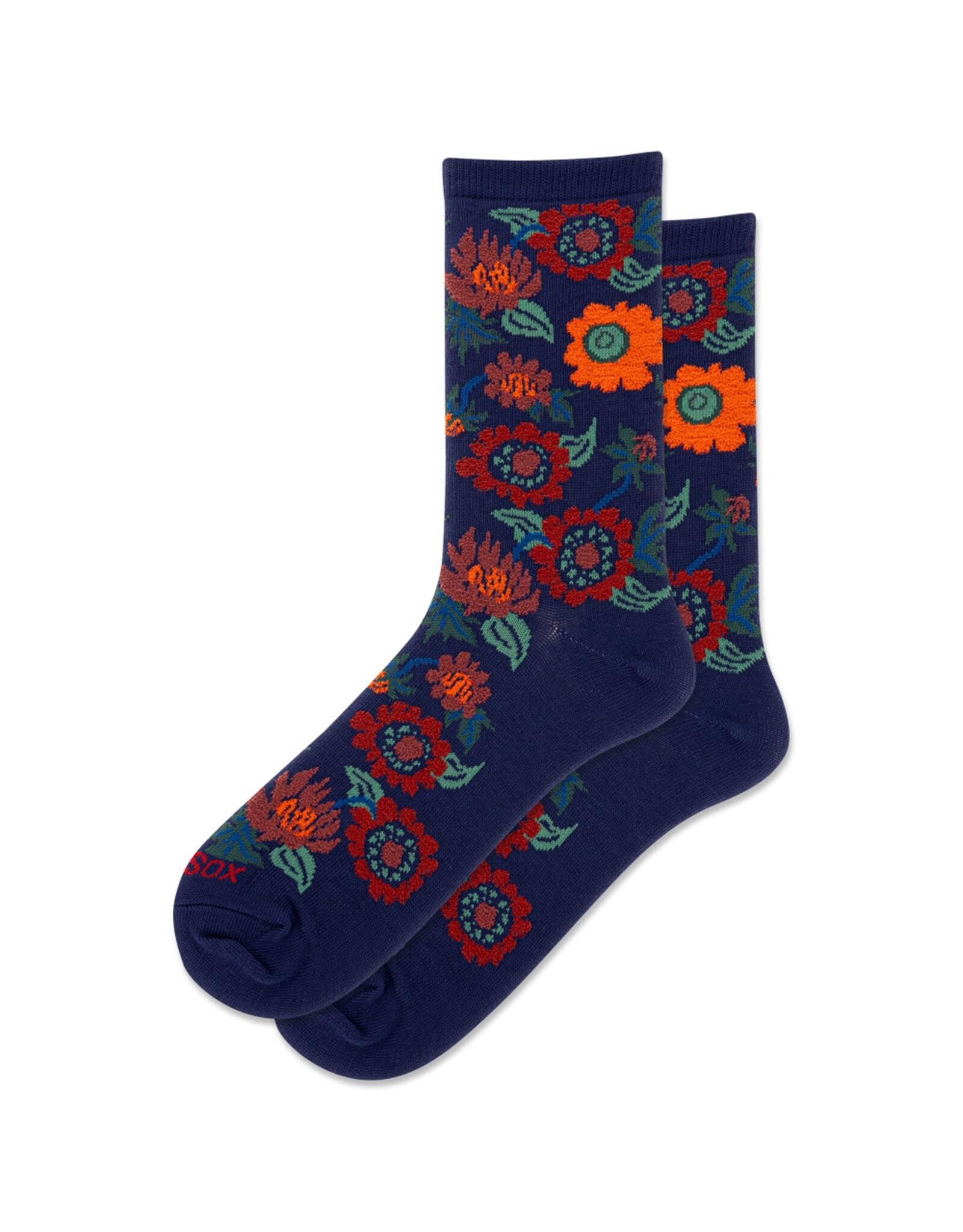 HOTSOX Fuzzy Flowers Womens Crew Socks Navy