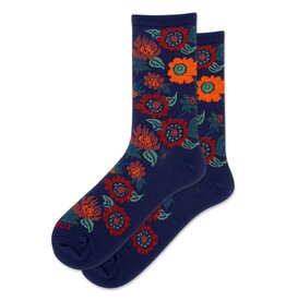 Fuzzy Flowers Womens Crew Socks Navy