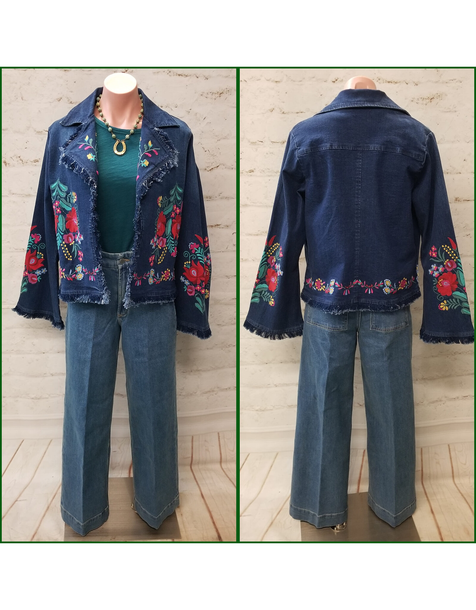 Alanna Embroidered Denim Jacket with Frayed Edges