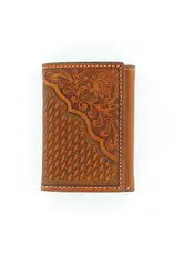 Nocona Tan Floral and Basket Weave Tooled Tri-fold Wallet