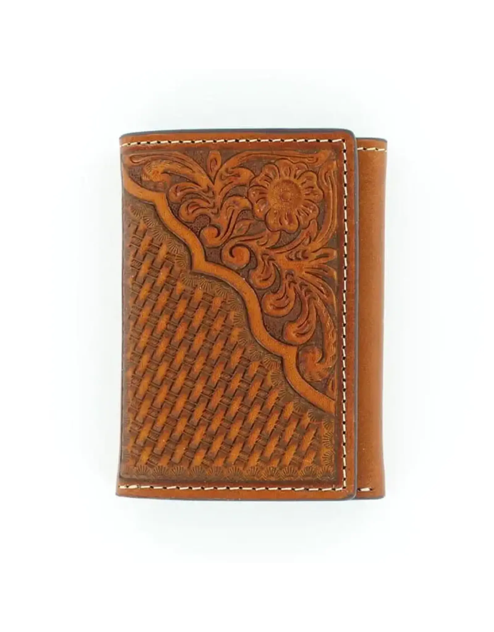 Nocona Tan Floral and Basket Weave Tooled Tri-fold Wallet