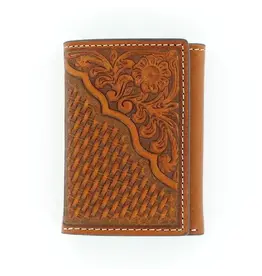 Nocona Tan Floral and Basket Weave Tooled Tri-fold Wallet