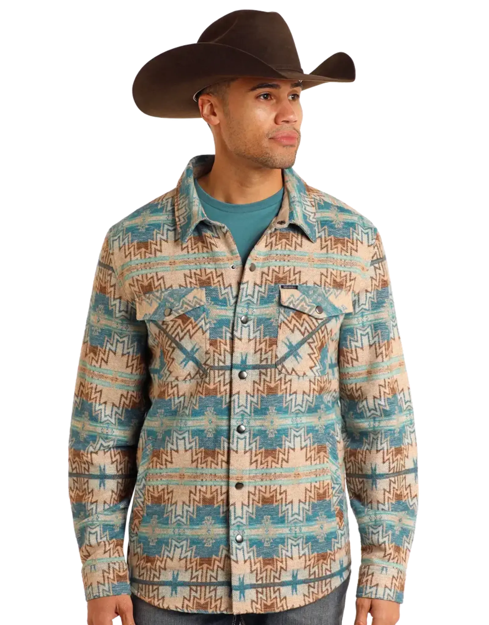 Rock & Roll Denim Turquoise Aztec Jacquard Shirt Jacket