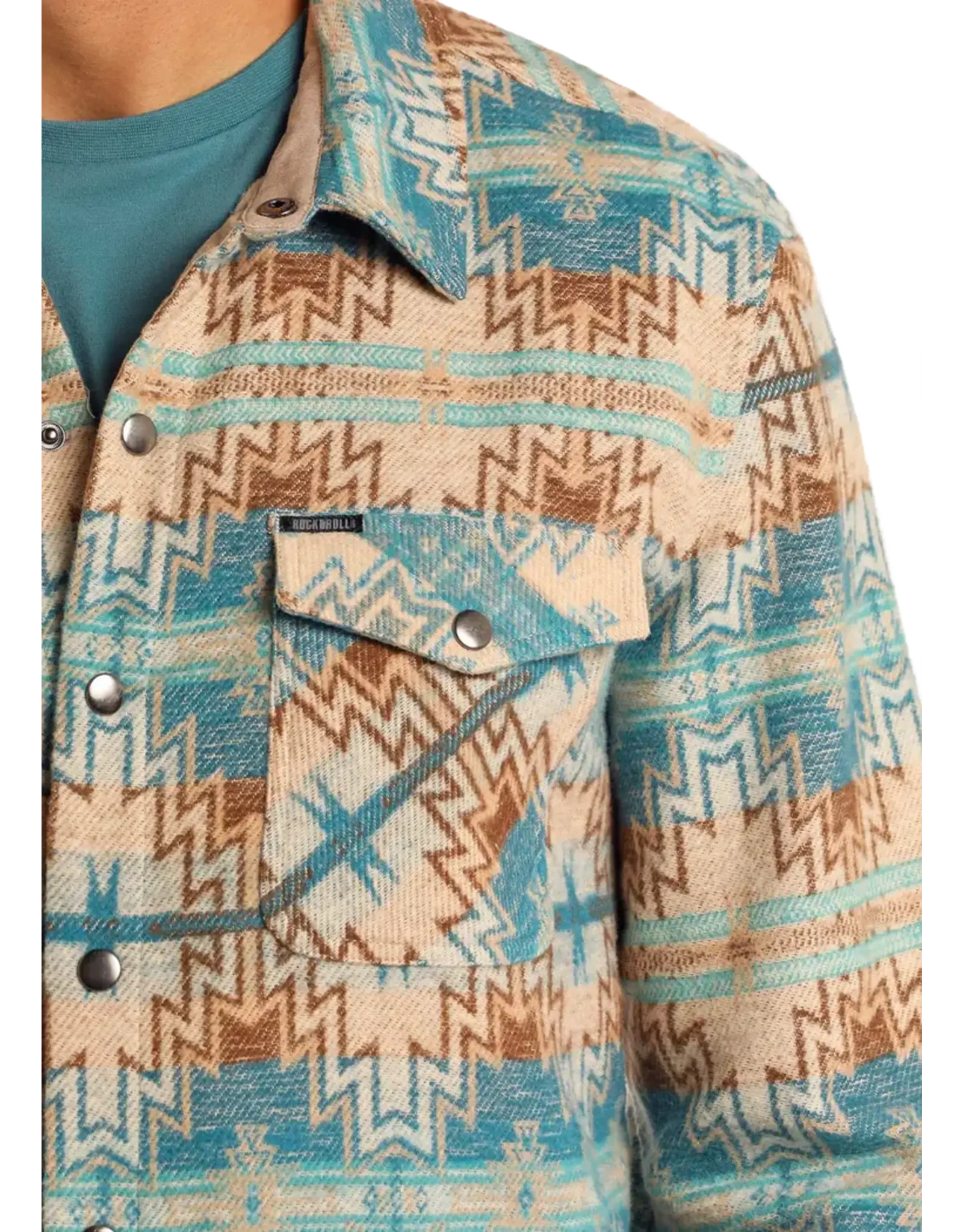 Rock & Roll Denim Turquoise Aztec Jacquard Shirt Jacket