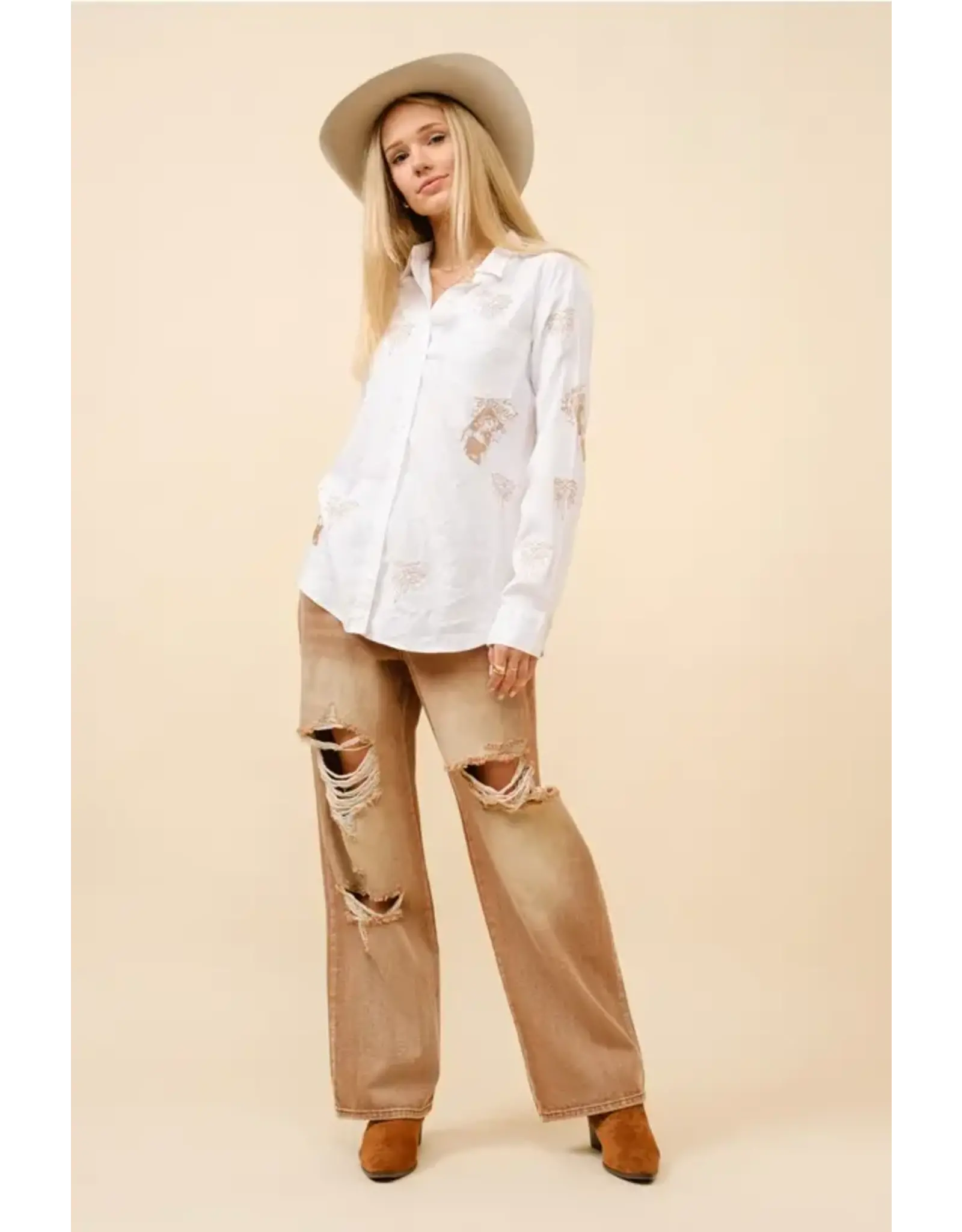 Be A Legend Pin-Up Cowgirl Embroidered White Linen Blouse