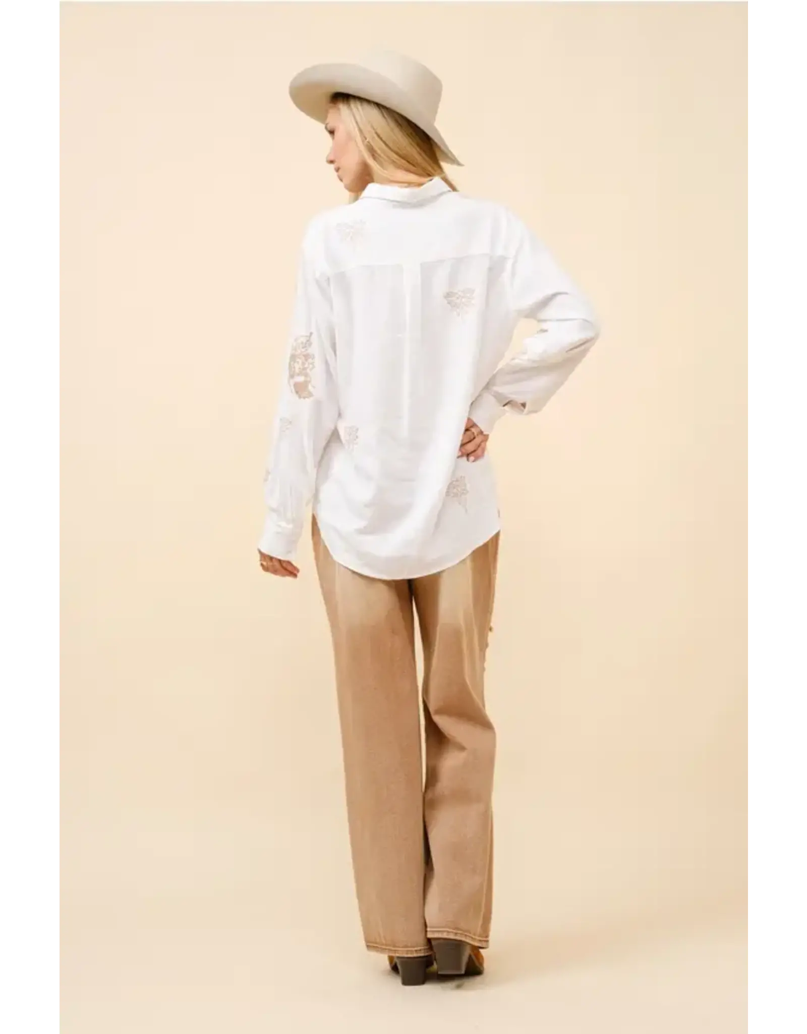 Be A Legend Pin-Up Cowgirl Embroidered White Linen Blouse