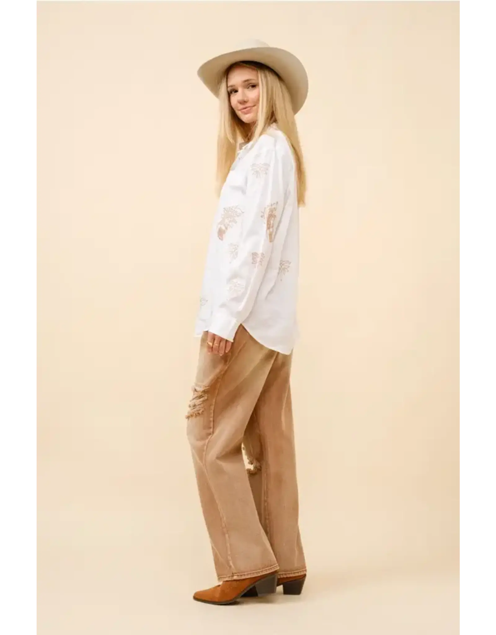 Be A Legend Pin-Up Cowgirl Embroidered White Linen Blouse