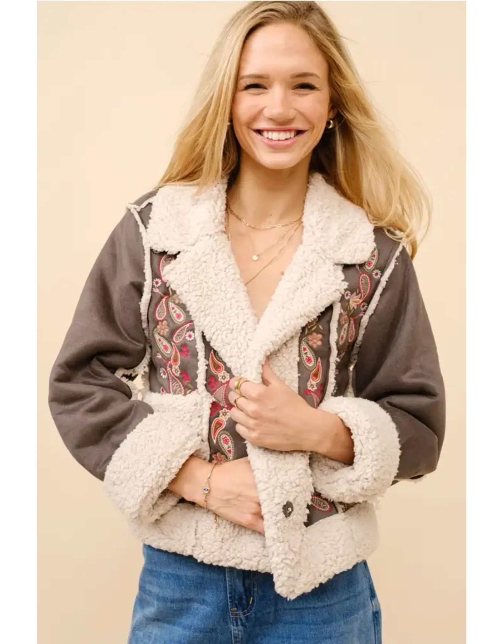 Layla Embroidered Crop Sherpa Jacket