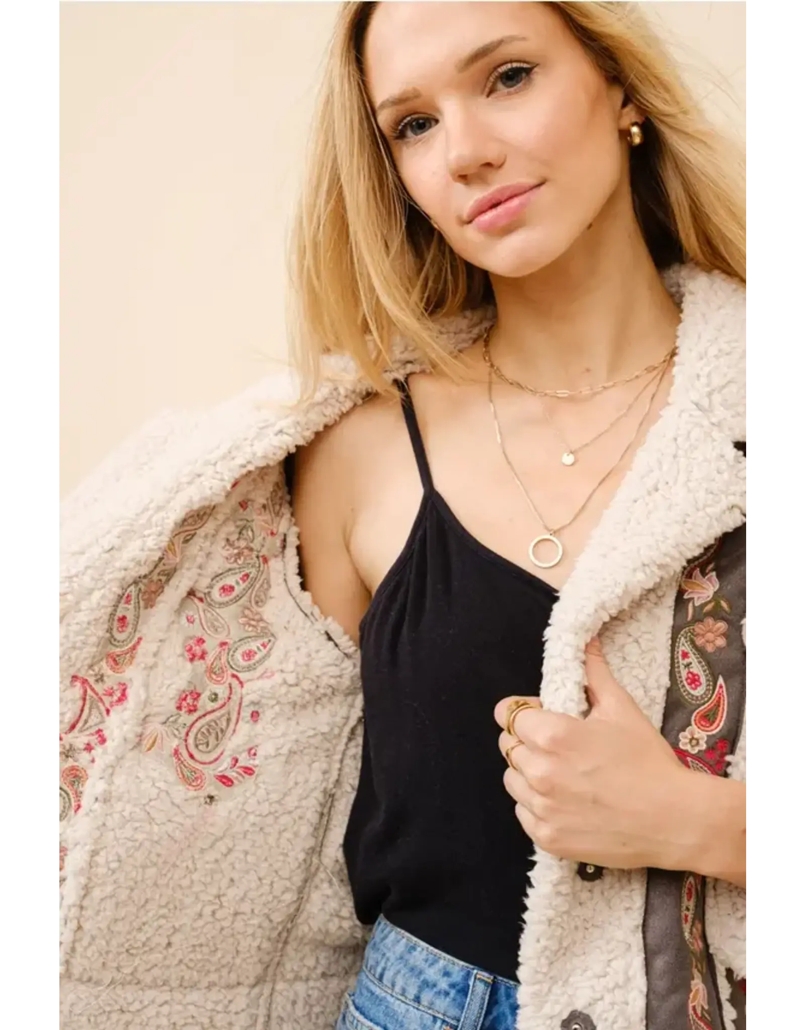 Layla Embroidered Crop Sherpa Jacket