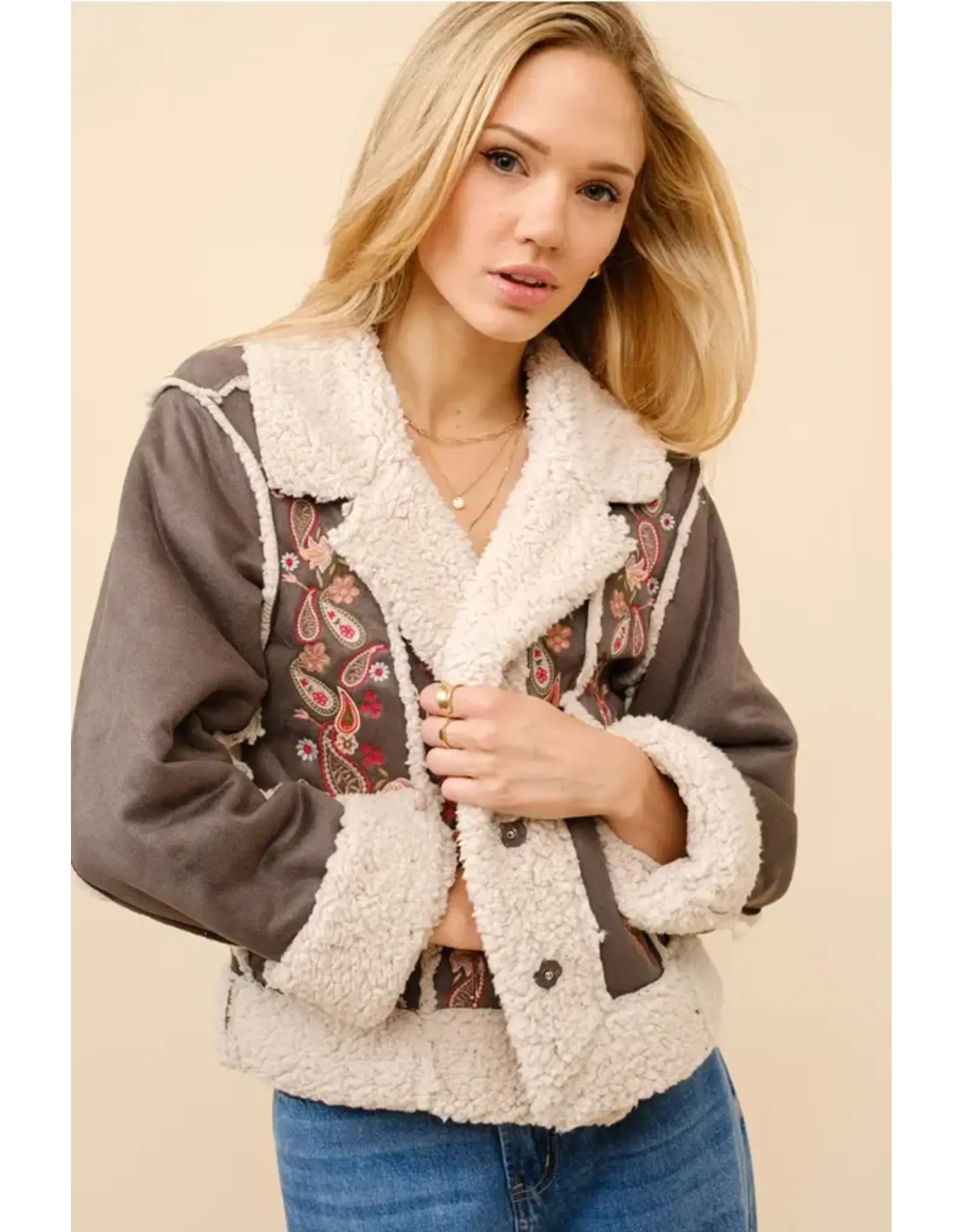 Layla Embroidered Crop Sherpa Jacket