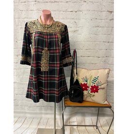 Mistletoe Plaid Dress Gold Metallic Embroidery