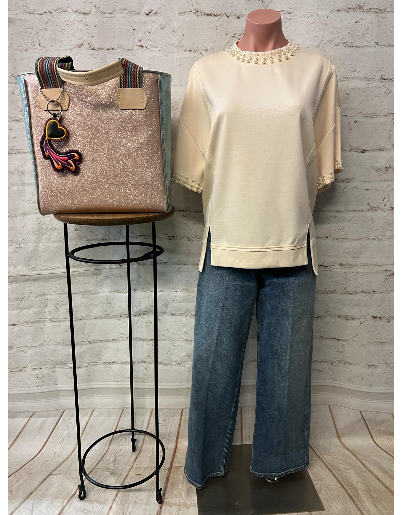 Layla Double Slit Top With Pearls