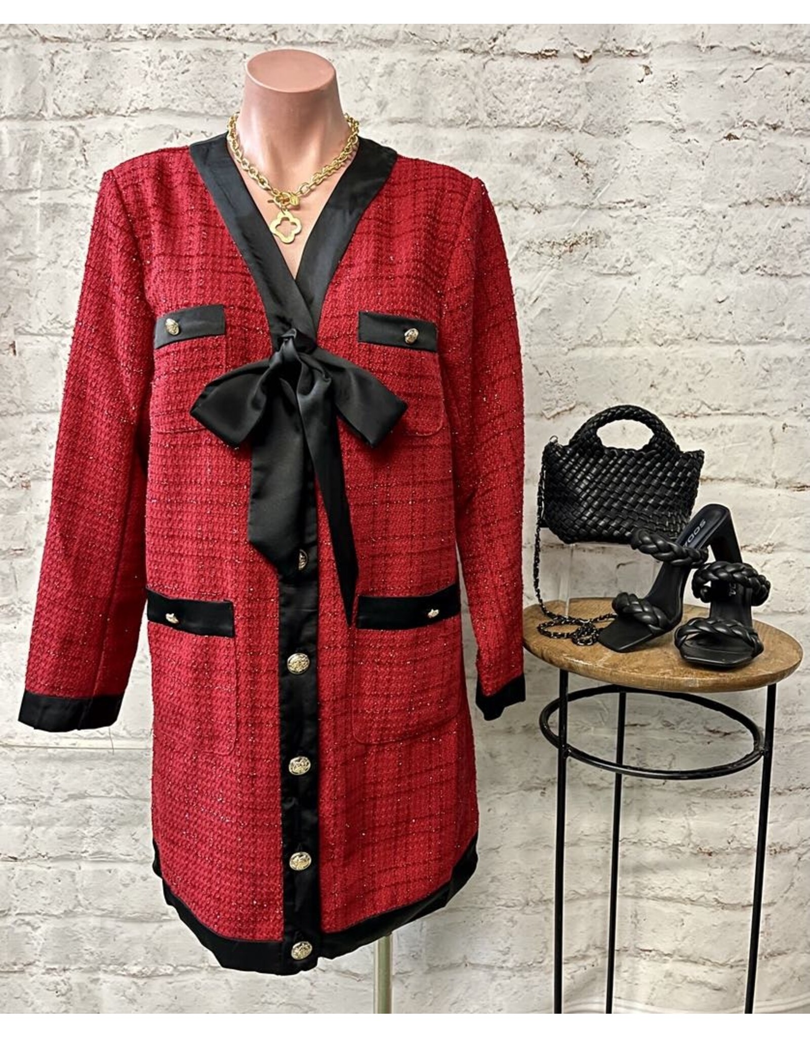 Jules Red Tweed Bow Front Dress