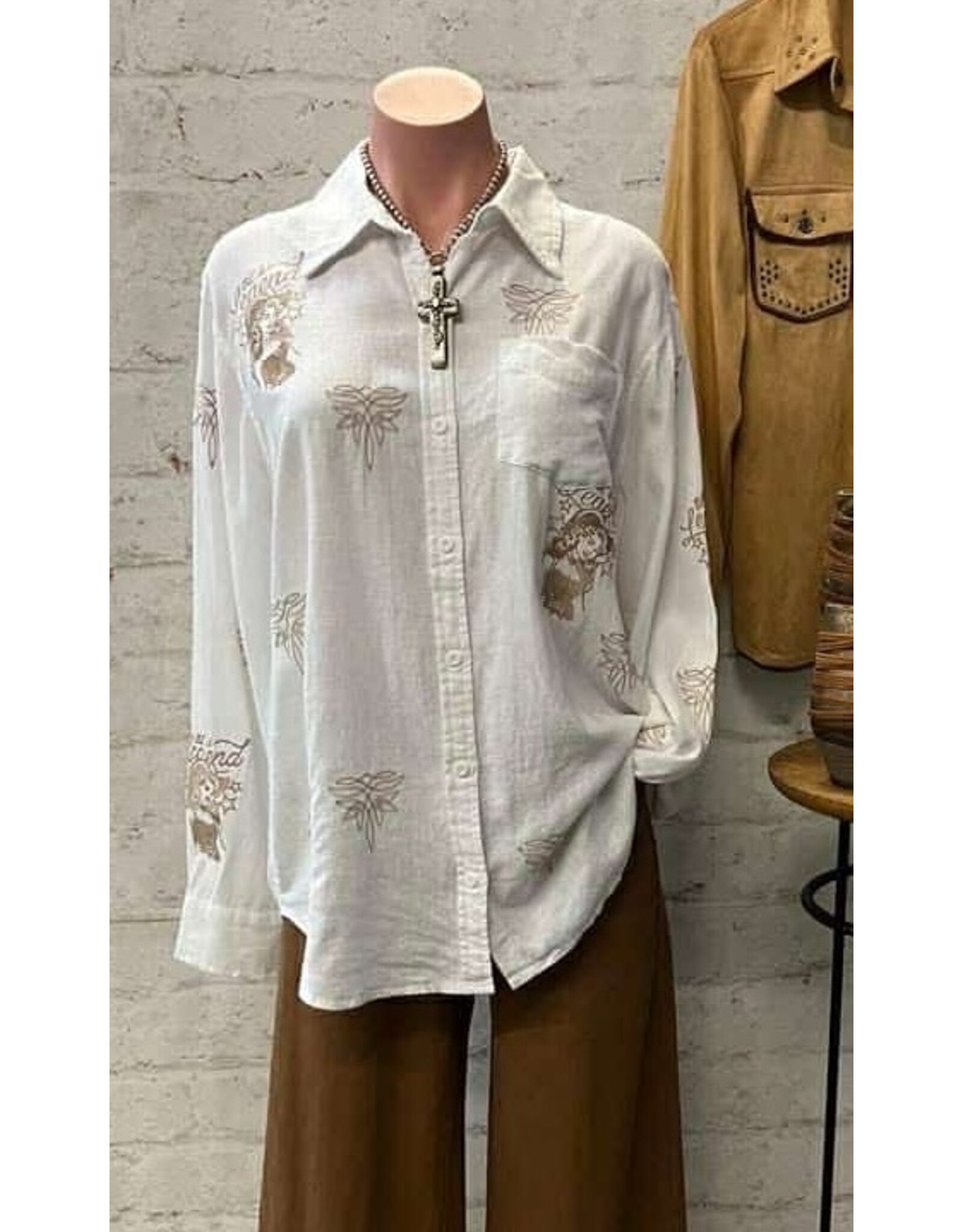 Be A Legend Pin-Up Cowgirl Embroidered White Linen Blouse