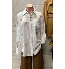 Be A Legend Pin-Up Cowgirl Embroidered White Linen Blouse