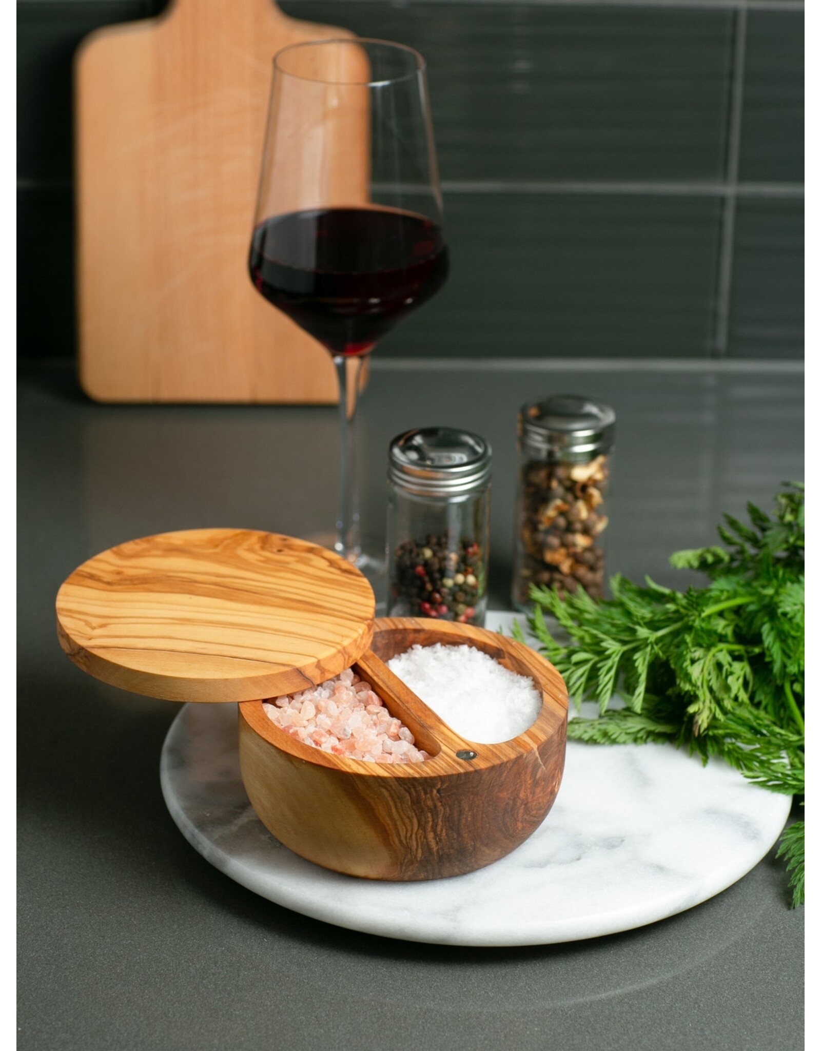 RSVP International Swivel Top Salt Box-Olive Wood