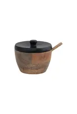 Mango Wood Salt Cellar with Spoon and Black Lid