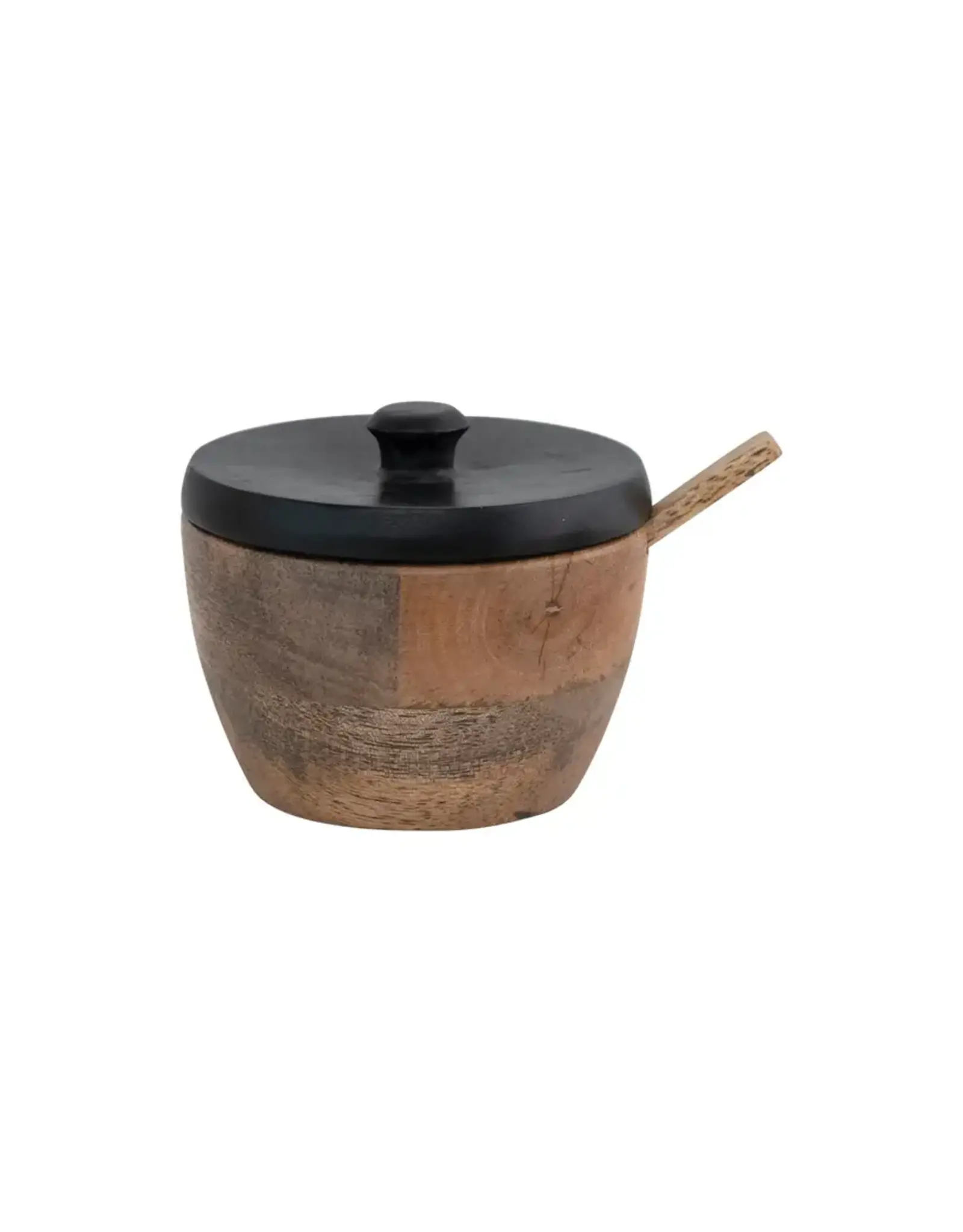 Mango Wood Salt Cellar with Spoon and Black Lid