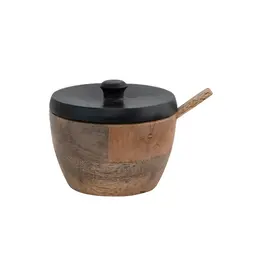Mango Wood Salt Cellar with Spoon and Black Lid