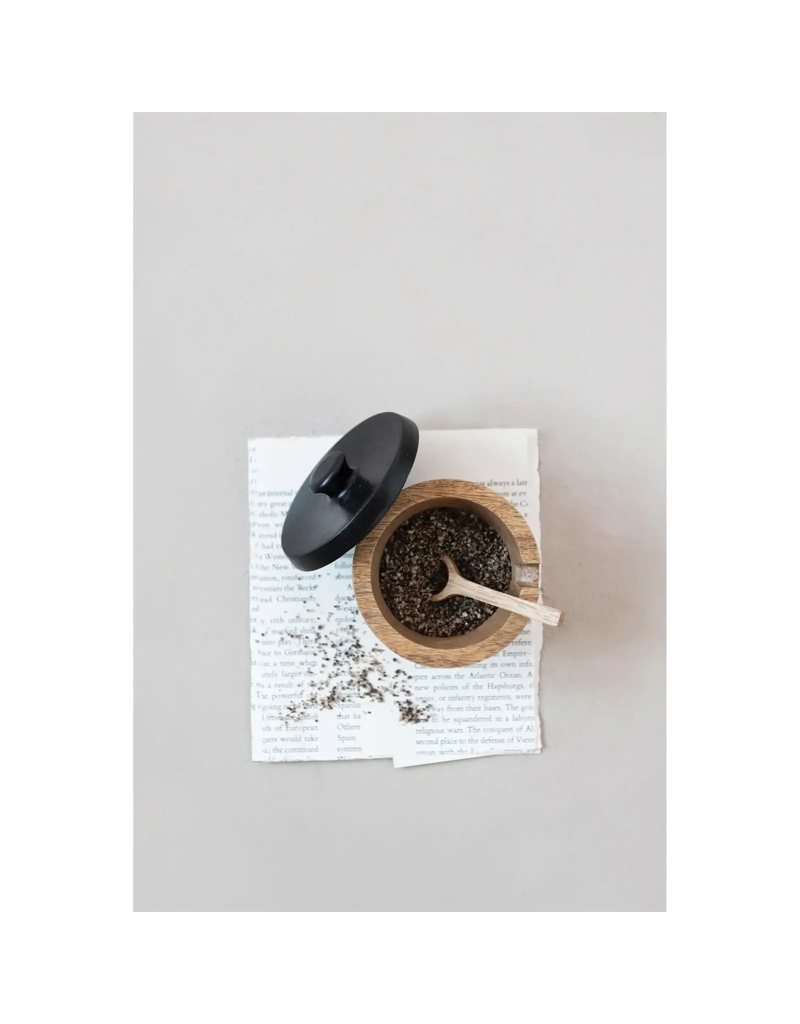 Mango Wood Salt Cellar with Spoon and Black Lid