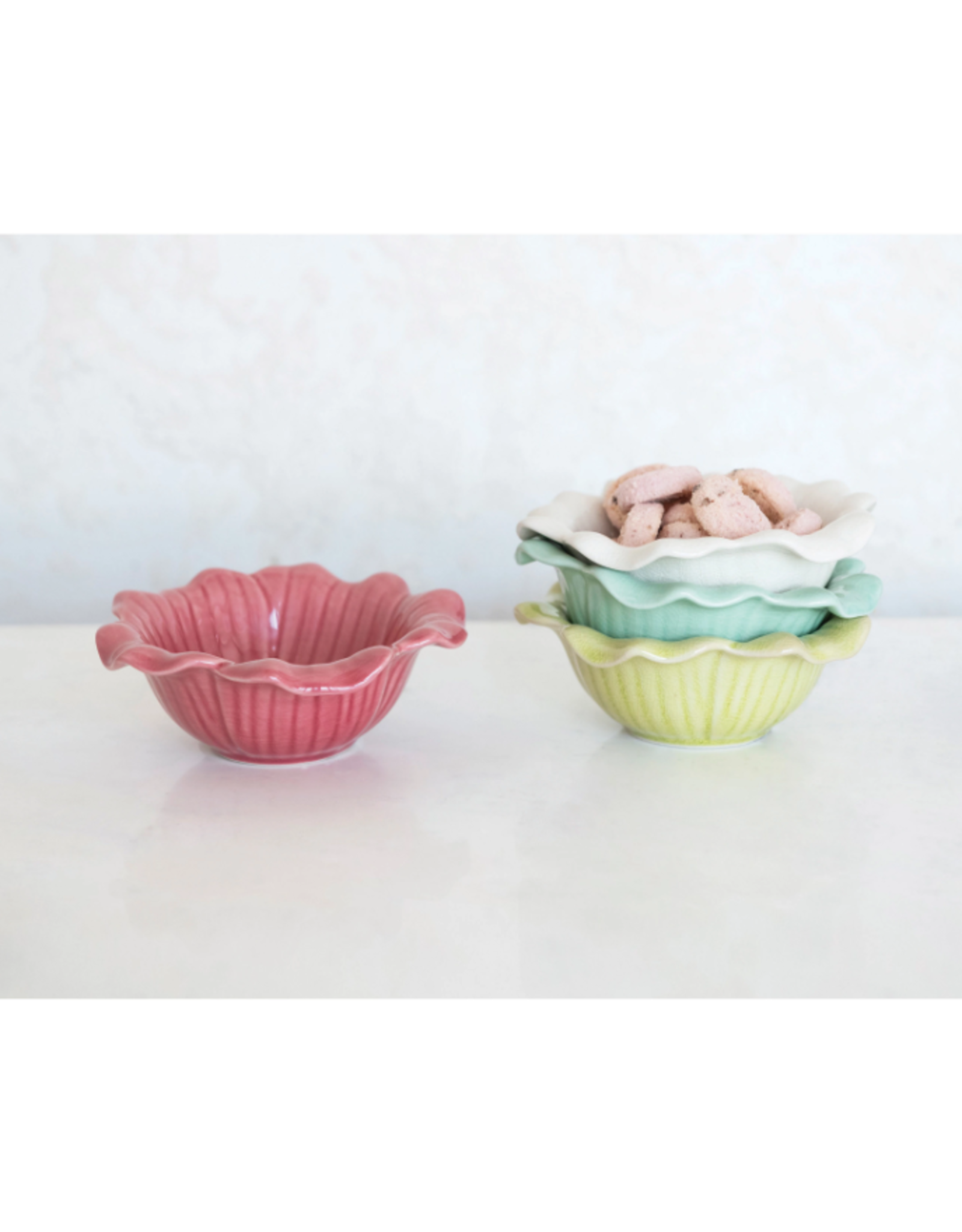 Debossed Stoneware Flower Bowl Crackle Glaze