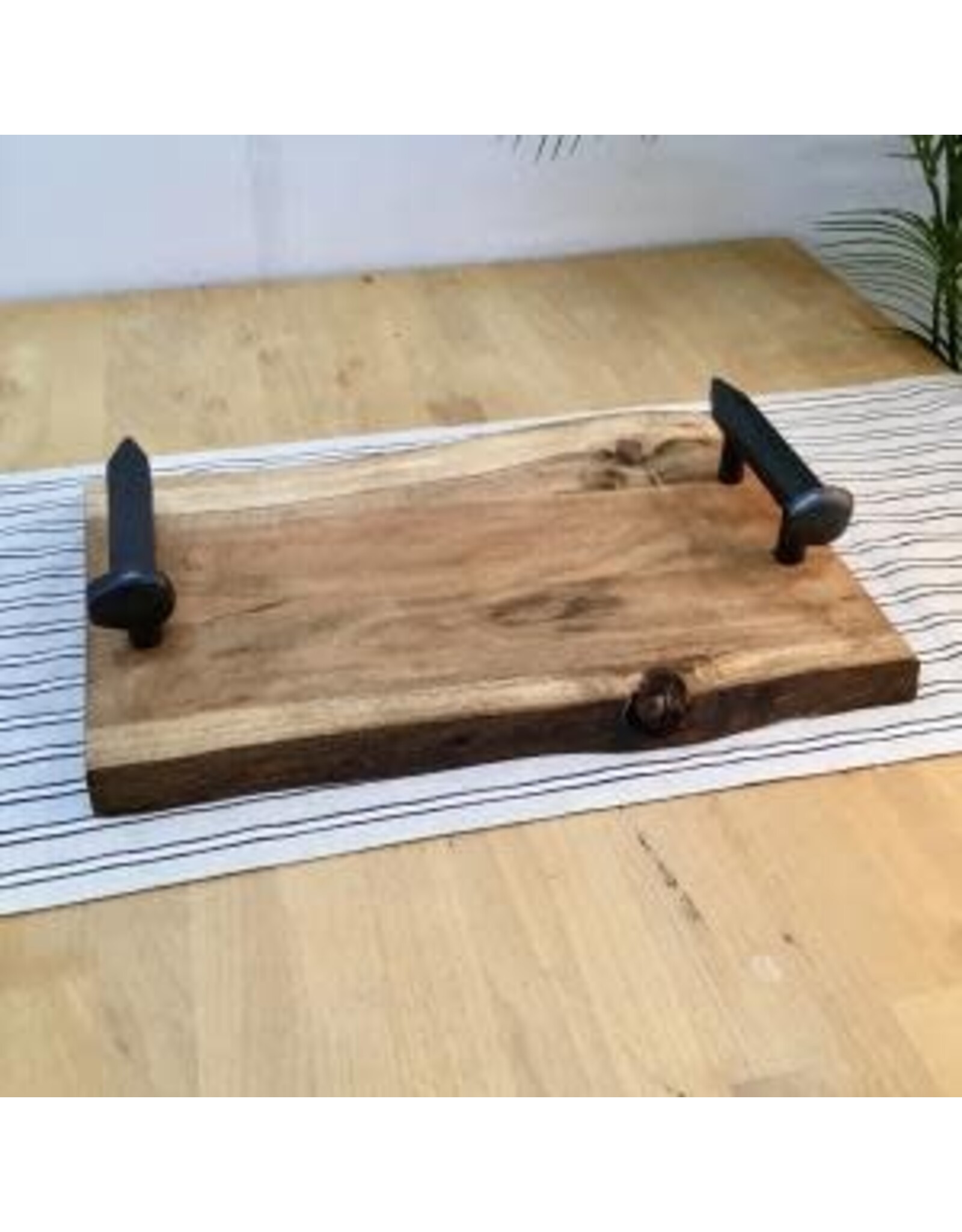 Wood Live Edge Tray with Cast Iron Handles  16x10x3"