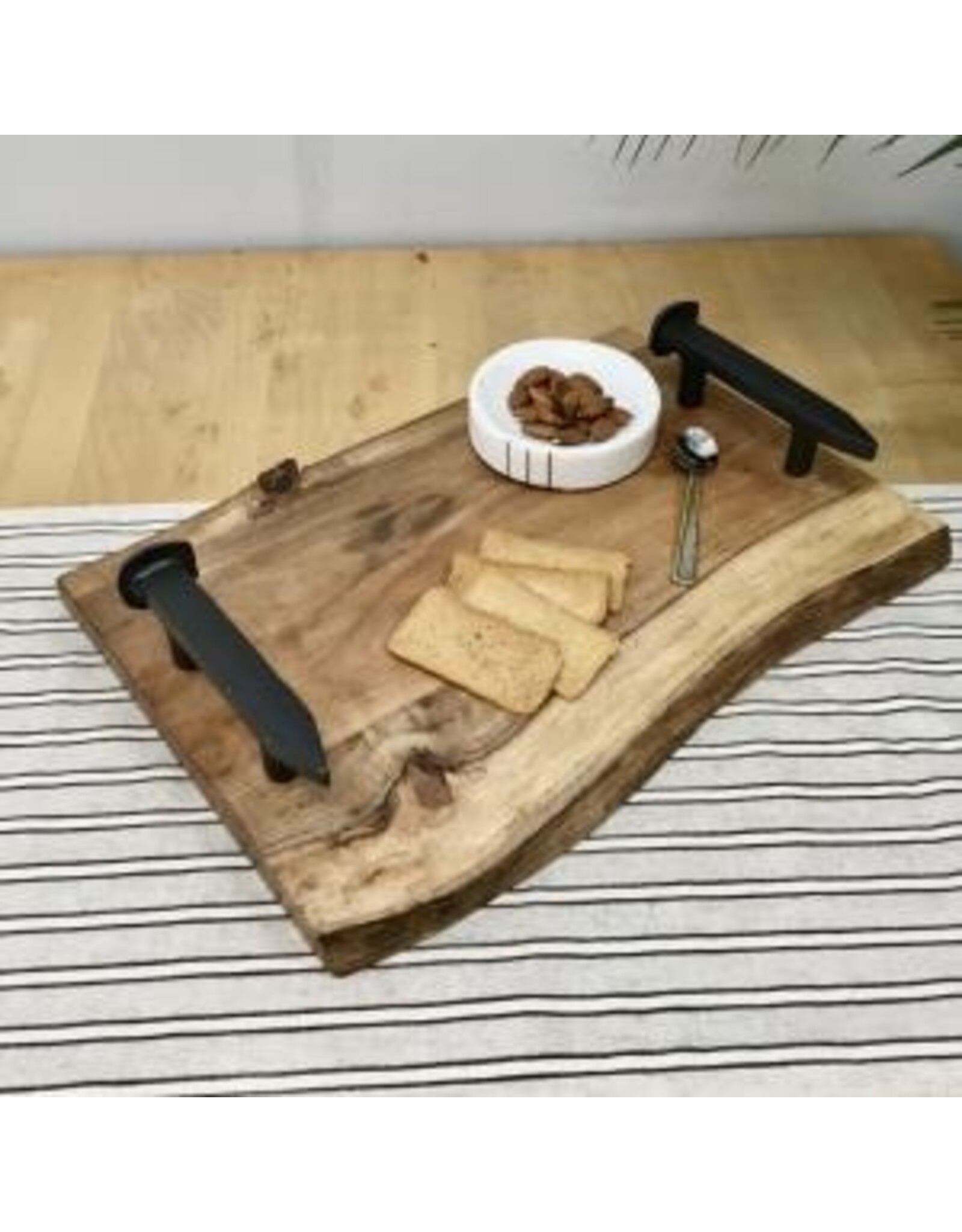 Wood Live Edge Tray with Cast Iron Handles  16x10x3"