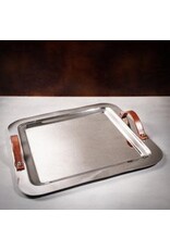 Polished SS Rounded Square Tray w/ Leather Handles 15.5x0.75"