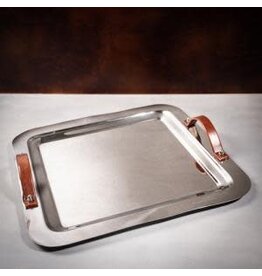 Polished SS Rounded Square Tray w/ Leather Handles 15.5x0.75"