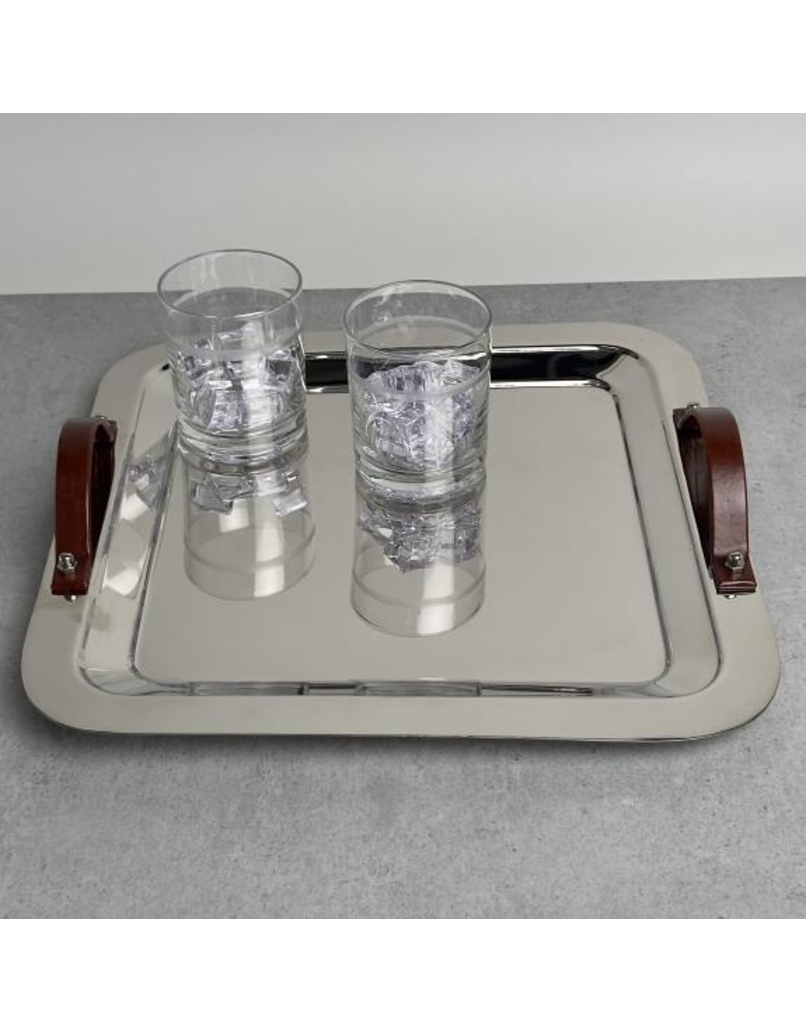 Polished SS Rounded Square Tray w/ Leather Handles 15.5x0.75"