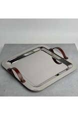 Polished SS Rounded Square Tray w/ Leather Handles 15.5x0.75"