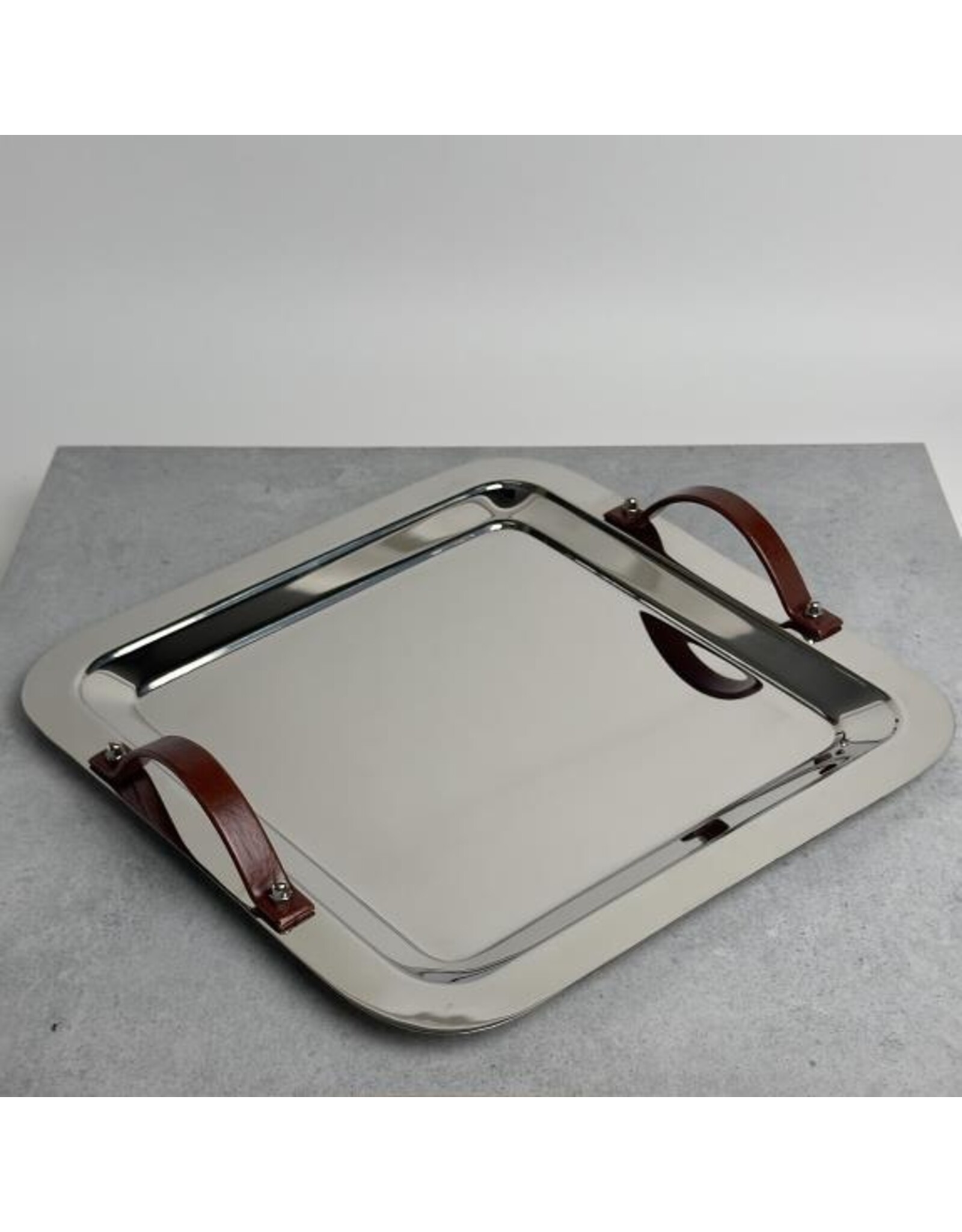 Polished SS Rounded Square Tray w/ Leather Handles 15.5x0.75"