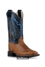 Old West Kids Burnt Tan and Navy Blue Wide Square Toe Cowboy Boots