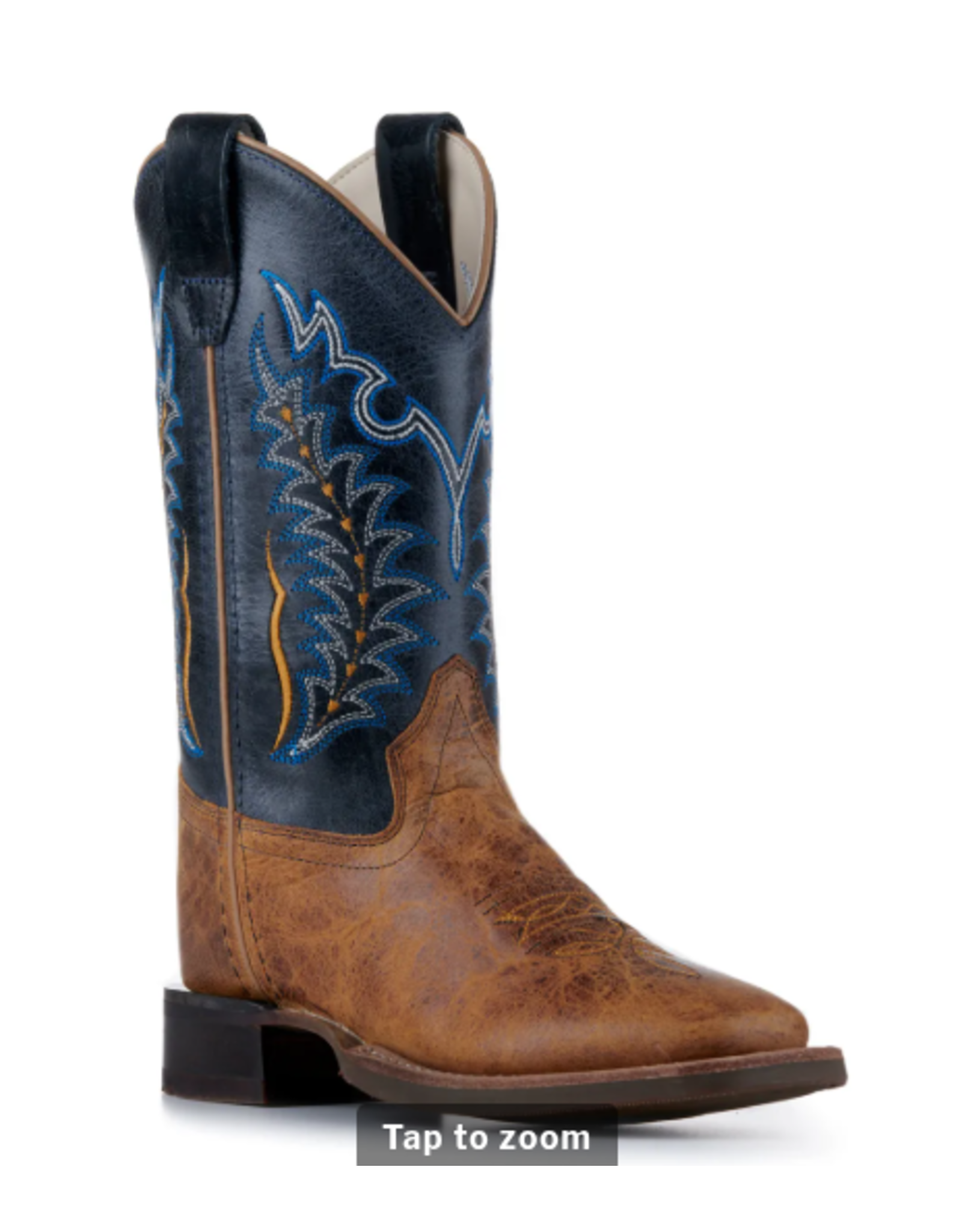 Old West Kids Burnt Tan and Navy Blue Wide Square Toe Cowboy Boots