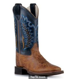 Old West Kids Burnt Tan and Navy Blue Wide Square Toe Cowboy Boots