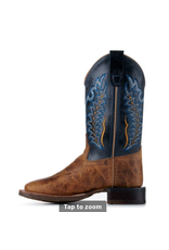 Old West Kids Burnt Tan and Navy Blue Wide Square Toe Cowboy Boots